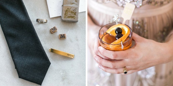 Bling details on the left and a brandy sweet, one of two cocktail options at the wedding, on the right. 