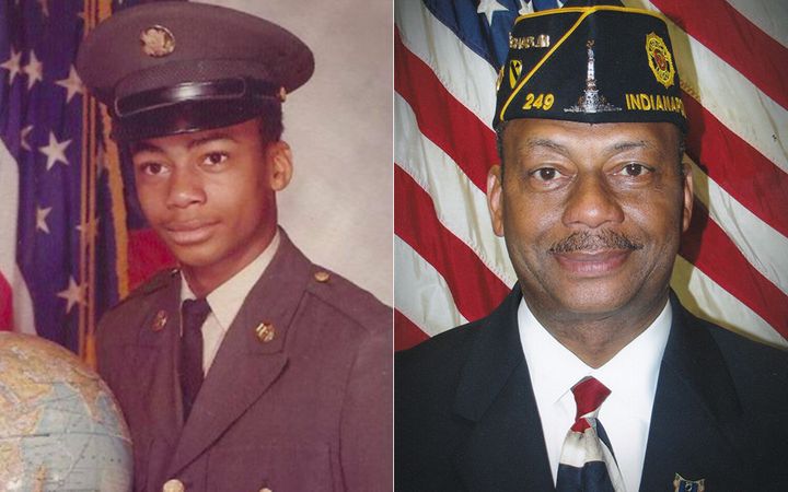 Boatright shown at age 17 in his 1974 U.S. Army portrait (left) and at age 60, in his American Legion portrait (right).