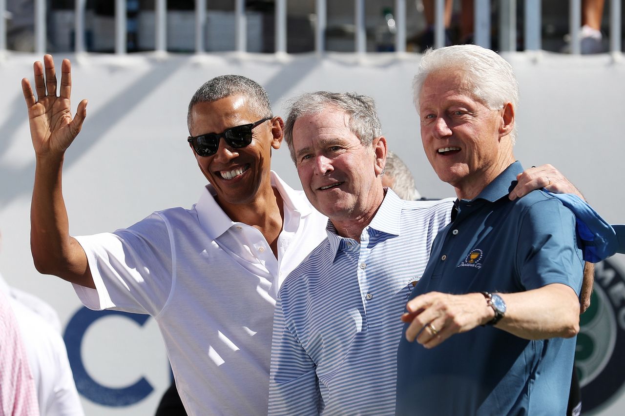 Former U.S. Presidents Barack Obama, George W. Bush and Bill Clinton enlivened the opening ceremonies of the Presidents Cup at Liberty National Golf Club on Sept. 28, 2017, in Jersey City, New Jersey.