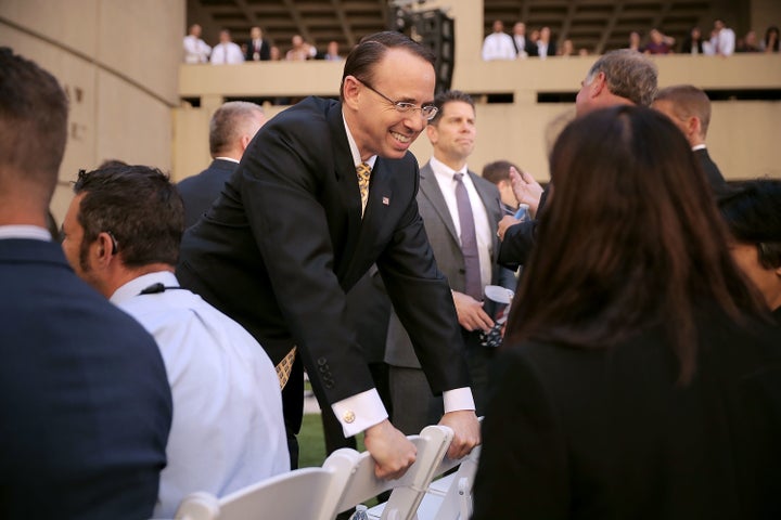 U.S. Deputy Attorney General Rod Rosenstein visits before the installation of FBI Director Christopher Wray.