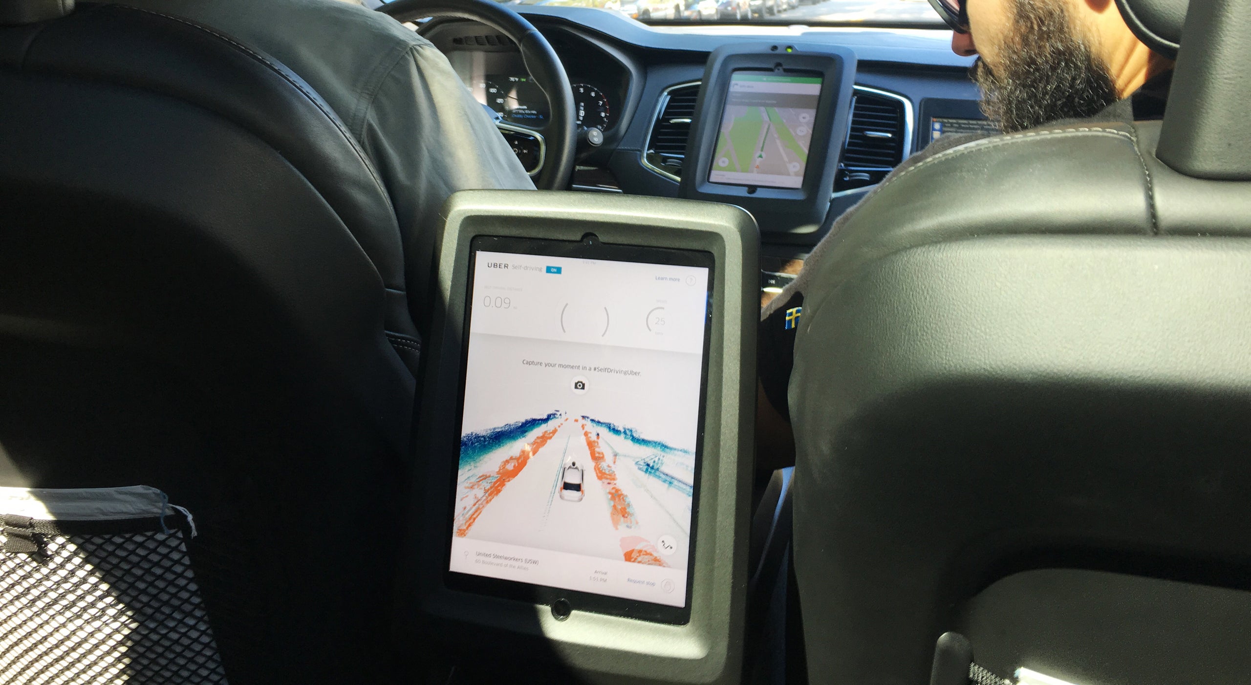 A passenger's view from an Uber self-driving car in Pittsburgh. Most of Uber's job openings in the city have been&n