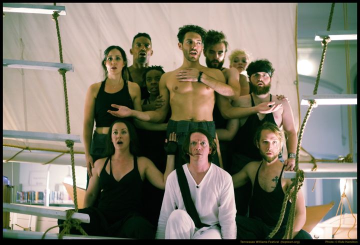 (starting at bottom left and moving counterclockwise) Colleen Corcoran, Kayla Anthony, Carlo Campbell, Ife Foy, Chris Athony, Hannah Van Sciver, Shamus McCarty, Andrew Carroll, and Keith Conallen in Die-Cast’s production of Pericles, by William Shakespeare.