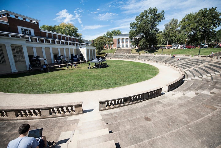 HuffPost tents are set up at the McIntire Amphitheatre at the University of Virginia in Charlottesville, Virginia, on Sept. 26 as part of the Listen to America road trip.