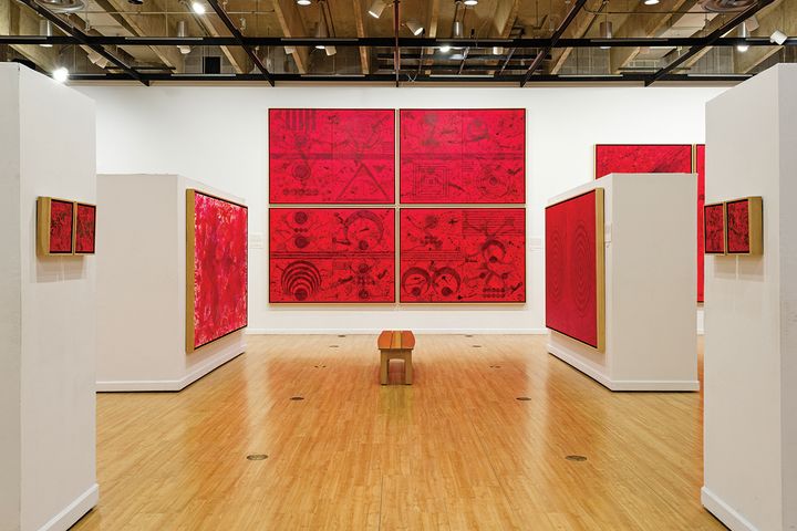 Installation, J. Steven Manolis, “Painting Vermillion Red” exhibition, John A. Day Gallery at the Warren M. Lee Center for the Fine Arts, University of South Dakota.