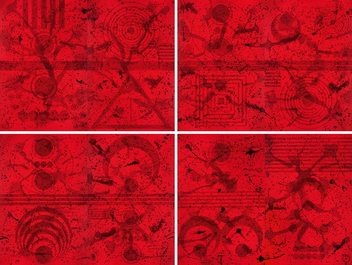 <p>J. Steven Manolis, <em>REDWORLD Self Portrait Quadriptych</em>, 2017, Acrylic on canvas, 144 x 192 in. (365.76 x 487.68 cm). Four paintings, 72 x 96 in. (182.88 x 243.84 cm) each, Two panels per painting, 72 x 48 in. (182.88 x 121.92 cm) each. Framed: 150 x 198 in. (381 x 502.92 cm). Collection of the artist. </p>