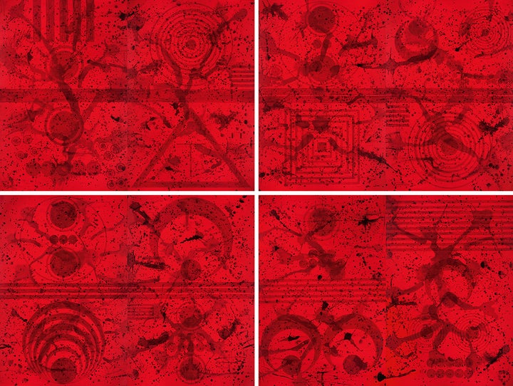 J. Steven Manolis, REDWORLD Self Portrait Quadriptych, 2017, Acrylic on canvas, 144 x 192 in. (365.76 x 487.68 cm). Four paintings, 72 x 96 in. (182.88 x 243.84 cm) each, Two panels per painting, 72 x 48 in. (182.88 x 121.92 cm) each. Framed: 150 x 198 in. (381 x 502.92 cm). Collection of the artist. 