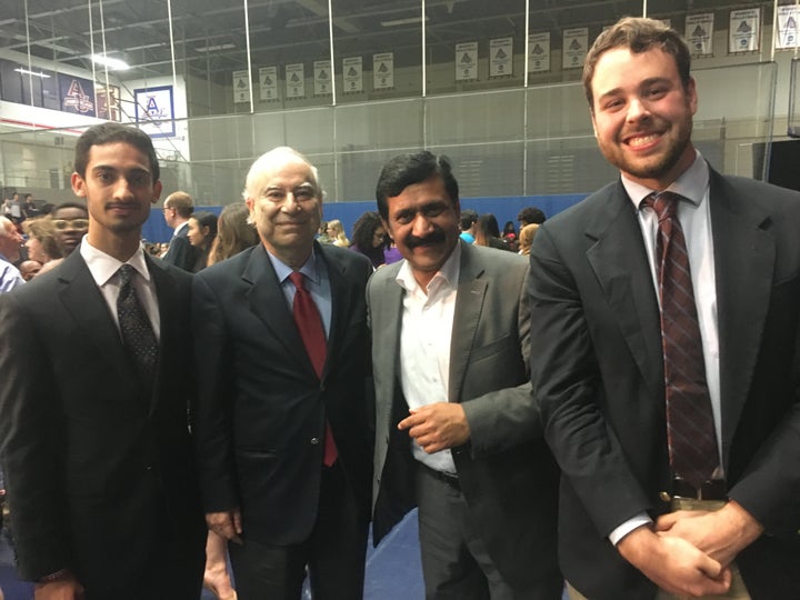 Malala’s father, Ziauddin Yousafzai (center-right), gathers with Ambassador Ahmed (center-left), Ambassador Ahmed’s Chief of Staff, Patrick Burnett (far-right), and visiting scholar Farhan Shah (far-left) following Malala’s presentation at American University.