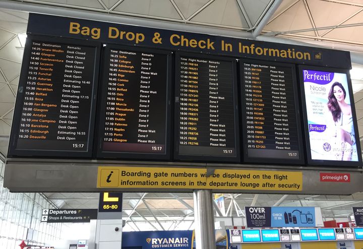 A flight information display, with Ryanair flights coded 'FR' at London Stansted Airport