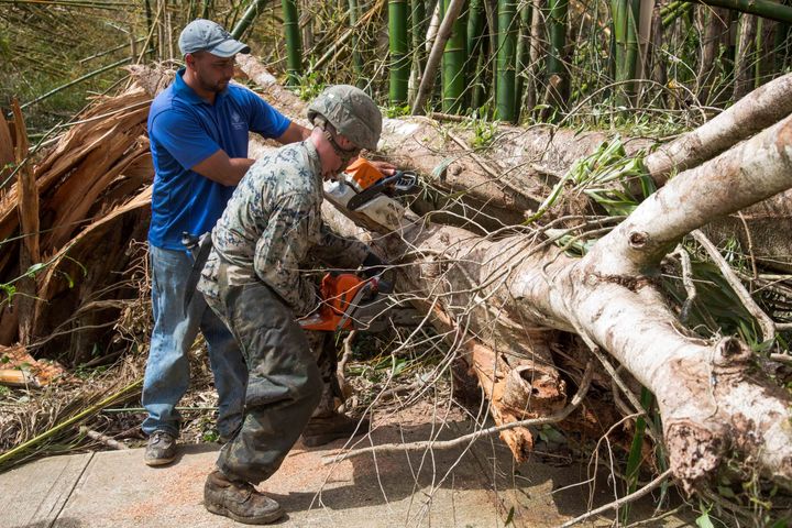 A US Marine a local resident work together to clear a tree from the main road as part of relief efforts