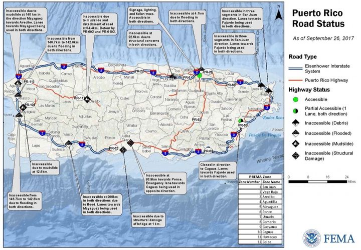 A map showing the status of roads in Puerto Rico as of September 28, 2017. 