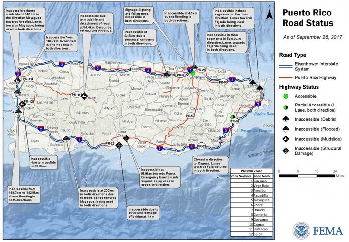 <p>A map showing the status of roads in Puerto Rico as of September 28, 2017. </p>