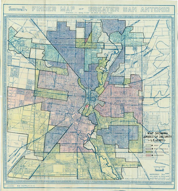<p>A hand-colored map from the 1930s shows “red-lining” of San Antonio’s near downtown area for real estate investment purposes. (Note the areas marked as “hazardous” and “definitely declining.” The map, created by the Federal Home Loan Bank Board, part of the Home Owners’ Loan Corporation in 1933, was digitized from originals located in the National Archives and Records Administration (NARA), and is part of the University of Texas at San Antonio’s (UTSA) digital library collection.</p>