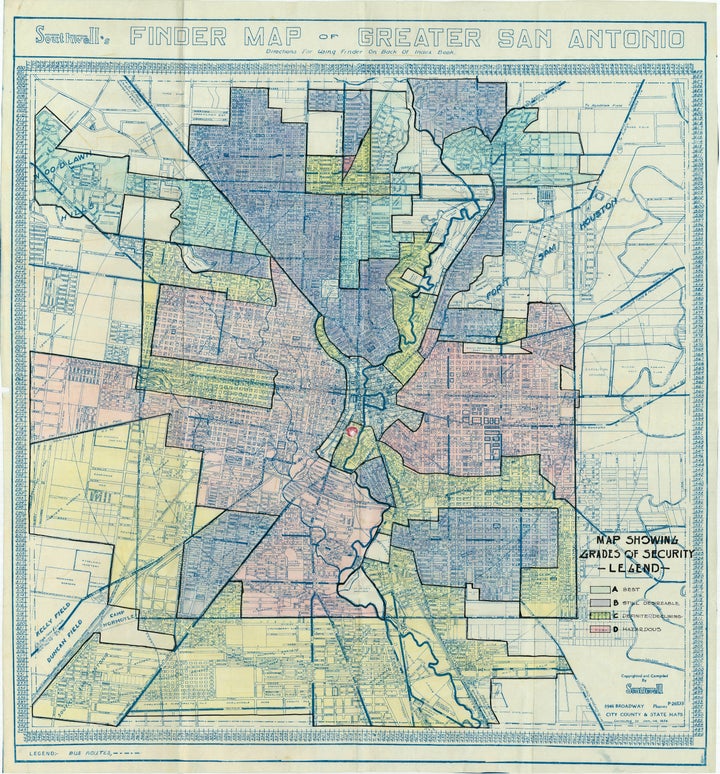 A hand-colored map from the 1930s shows “red-lining” of San Antonio’s near downtown area for real estate investment purposes. (Note the areas marked as “hazardous” and “definitely declining.” The map, created by the Federal Home Loan Bank Board, part of the Home Owners’ Loan Corporation in 1933, was digitized from originals located in the National Archives and Records Administration (NARA), and is part of the University of Texas at San Antonio’s (UTSA) digital library collection.