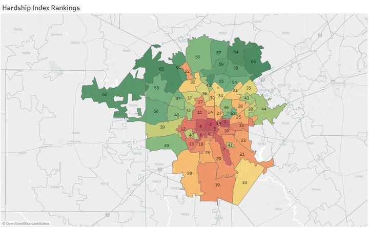 A “Hardship Index,” constructed from six factors and first popularized by the Brookings Institution in the 1970s as a way to compare major U.S. cities, shows San Antonio’s highest-hardship ZIP Codes at a glance. The set of maps (an interactive #DataViz) is located here. 
