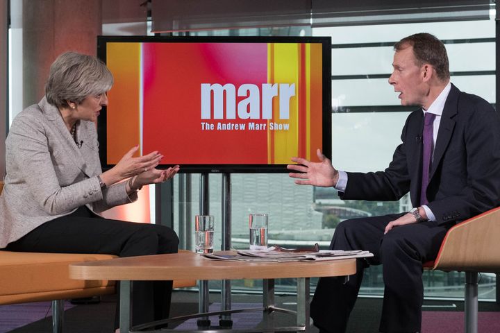 Prime Minister Theresa May being interviewed by Andrew Marr on the BBC One current affairs programme, The Andrew Marr Show at Media City in Salford ahead of the Conservative Party conference.