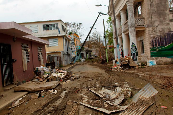 A debris covered street caused when the Arecibo River overflowed is seen in the aftermath of Hurricane Maria, in Arecibo, Puerto Rico.