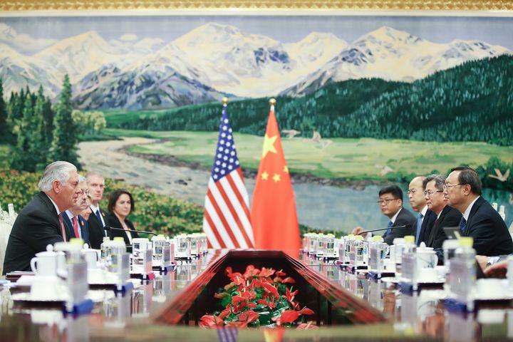 U.S. Secretary of State Rex Tillerson (L) meeting with Chinese State Councilor Yang Jiechi (R) at the Great Hall of the People on Sept. 30, 2017, in Beijing.