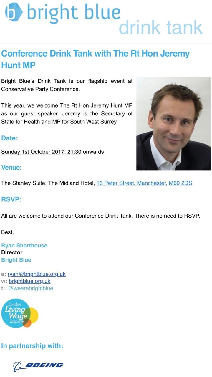 Jeremy Hunt ifs off to a 'drink tank' sponsored by Boeing