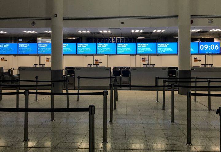Empty check-in desks at Gatwick Airport after Monarch Airlines collapsed into administration