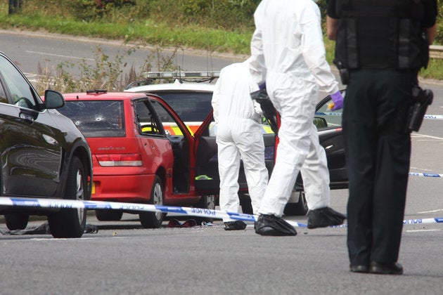 <strong>The scene on the road into Portishead, North Somerset where a man was shot during a police operation</strong>
