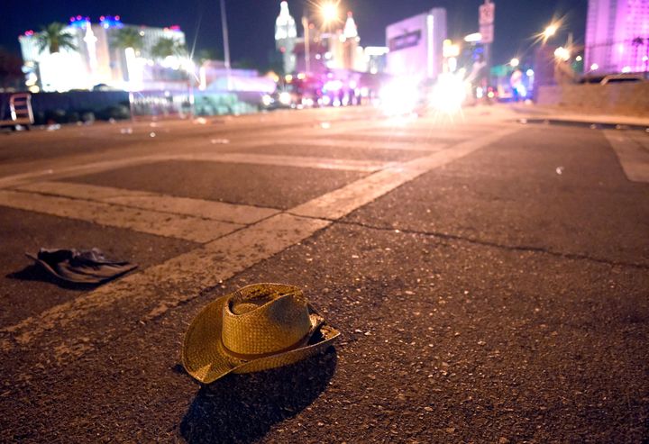 A cowboy hat lays in the street after shots were fired near a country music festival on Sunday in Las Vegas.