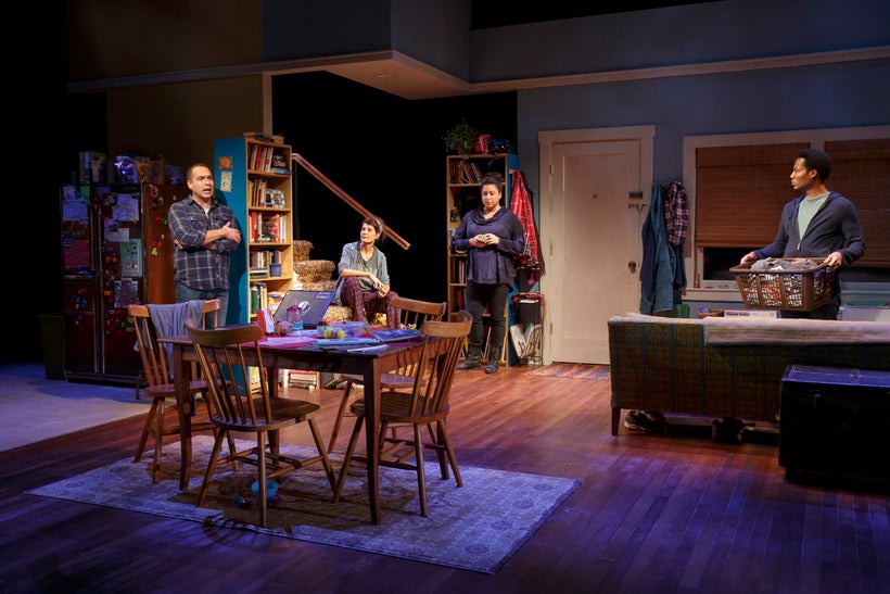 Teddy Cañez, Nia Vardalos, Natalie Woolams-Torres and Hubert Point-Du Jour in <em>Tiny Beautiful Things</em>