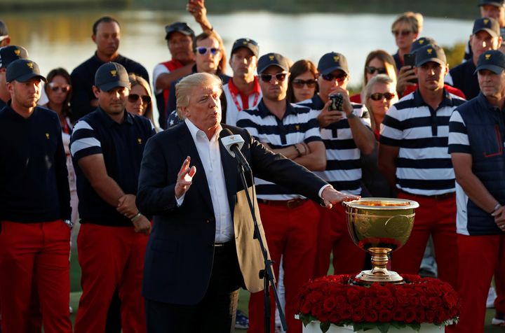 President Donald Trump did dedicate the Presidents Cup golf trophy to hurricane victims on Oct. 1, 2017.