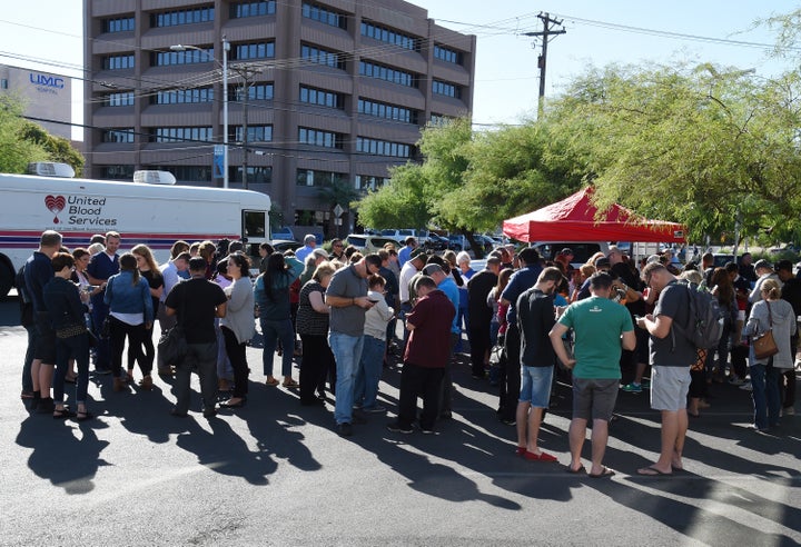 People gather to donate blood at a special United Blood Services drive at a University Medical Center facility on Oct. 2, 2017, in Las Vegas.