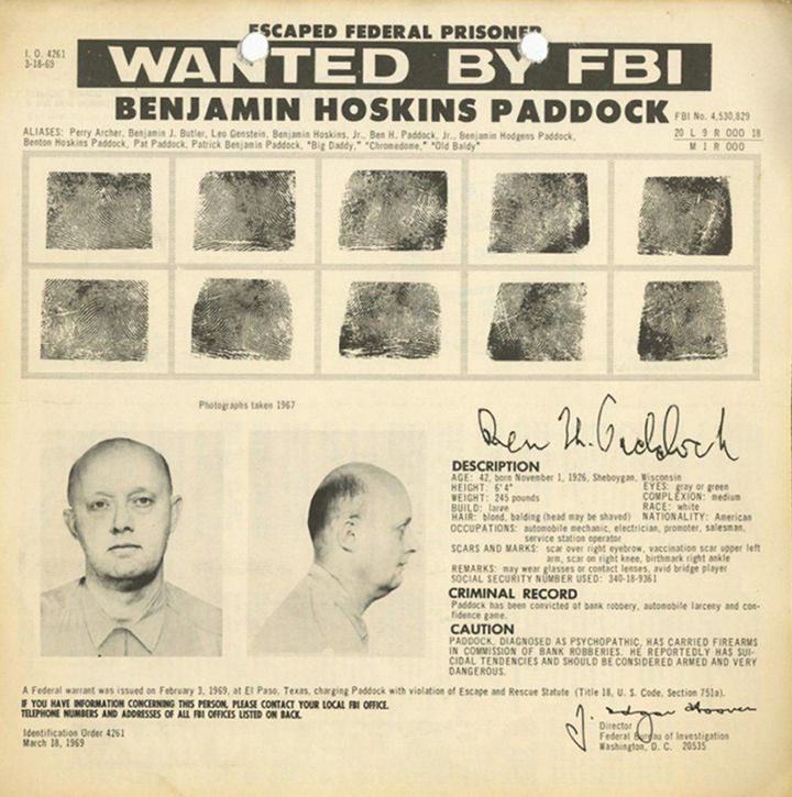 An FBI wanted poster for escaped bank robber Benjamin Hoskins Paddock aka 'Big Daddy' and 'Old Baldy' and father of accused mass murder Stephen Paddock/