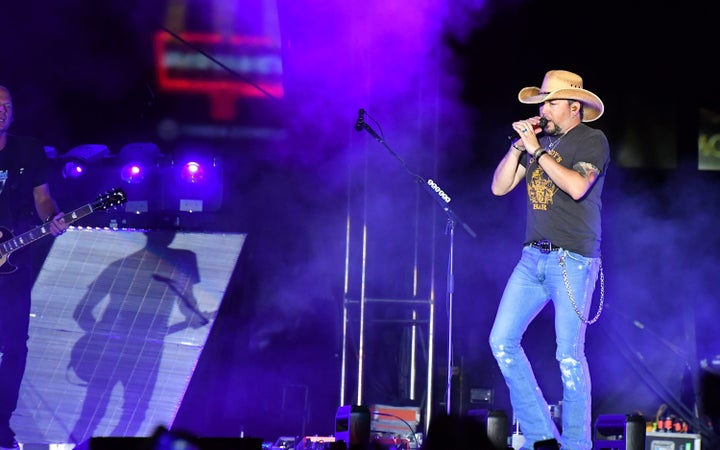 Jason Aldean performing at the Route 91 Harvest country music festival in Las Vegas on Sunday before the mass shooting o