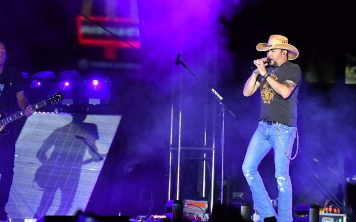 Jason Aldean performing at the Route 91 Harvest country music festival in Las Vegas on Sunday before the mass shooting occurred.