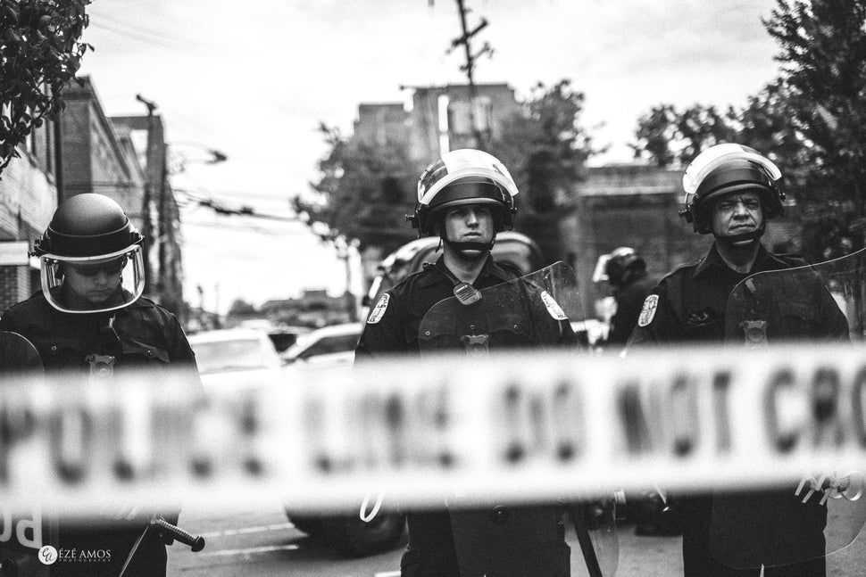 Police protecting the scene of the car attack during the "Unite the Right" rally in Charlottesville.