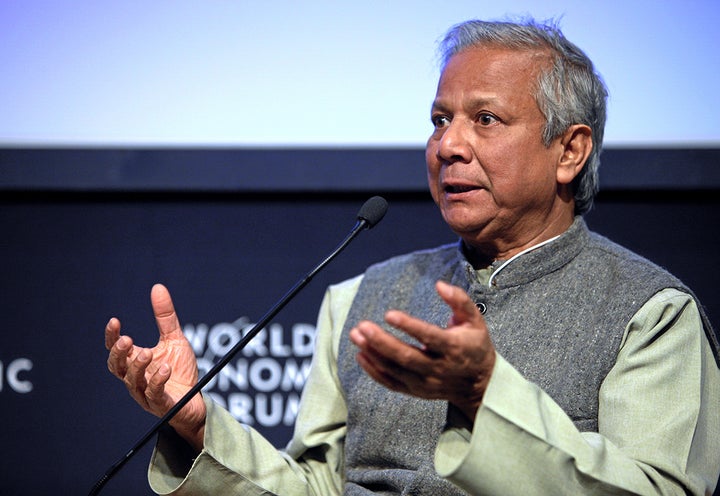 Muhammad Yunus speaks at the World Economic Forum in Davos, Switzerland.