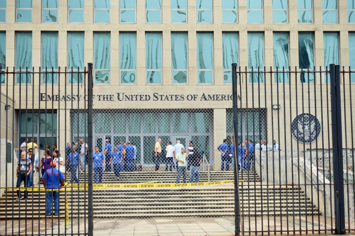 Personnel gather at the U.S. Embassy in Cuba on Sept. 29, 2017, in Havana.