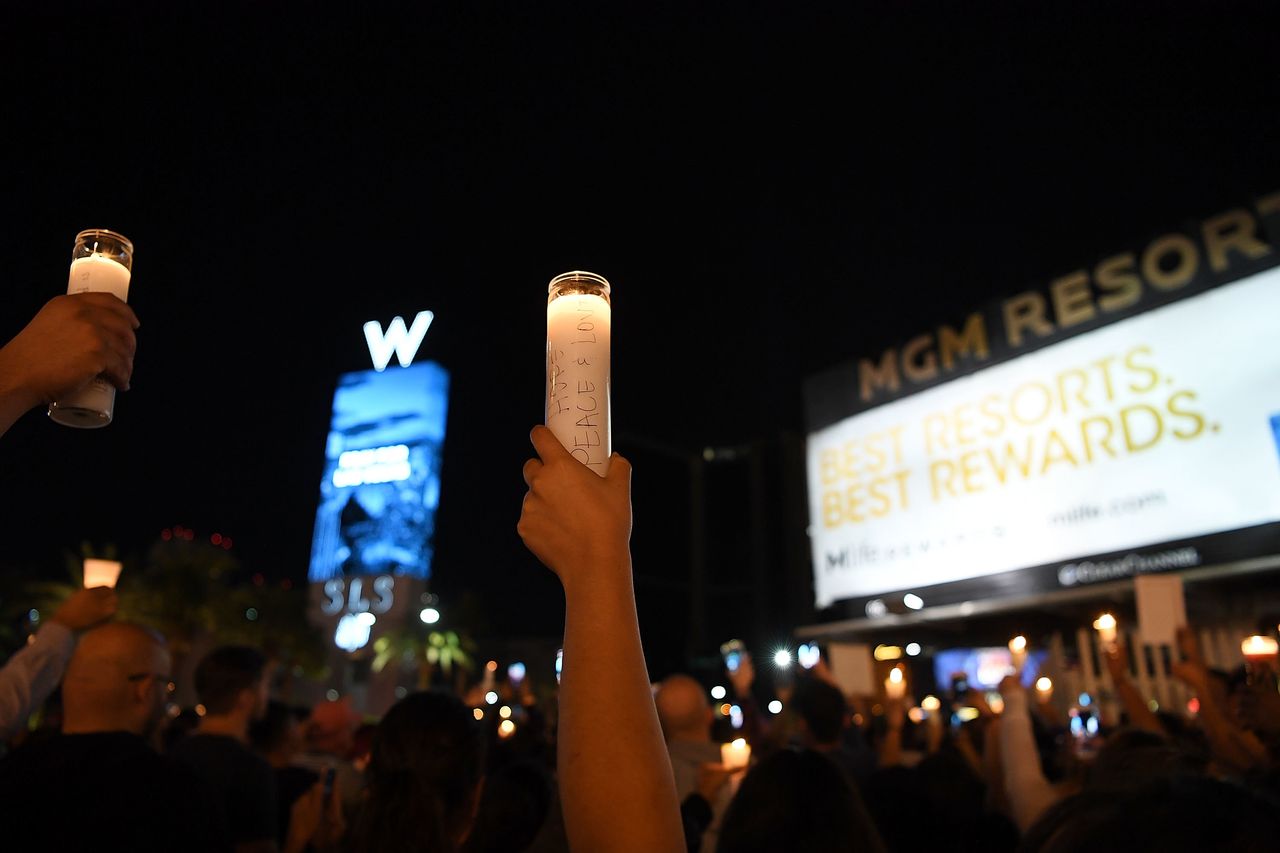 A vigil on the Las Vegas Strip for the victims of the Route 91 Harvest country music festival shootings.