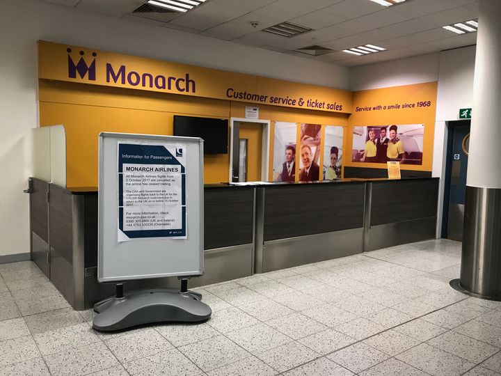 An empty Monarch customer services desk at Gatwick Airport after the airline collapsed
