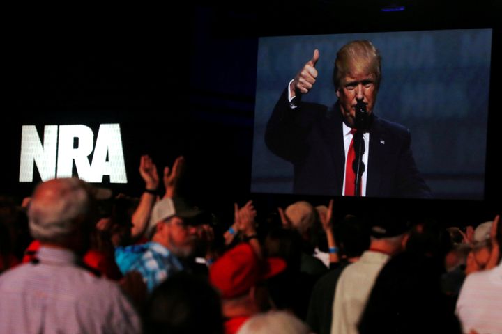 Donald Trump addresses the NRA's Leadership Forum in Atlanta, Georgia in April