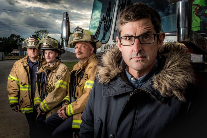 Theroux with Huntingdon's fire-fighters, who respond to multiple callouts every day 