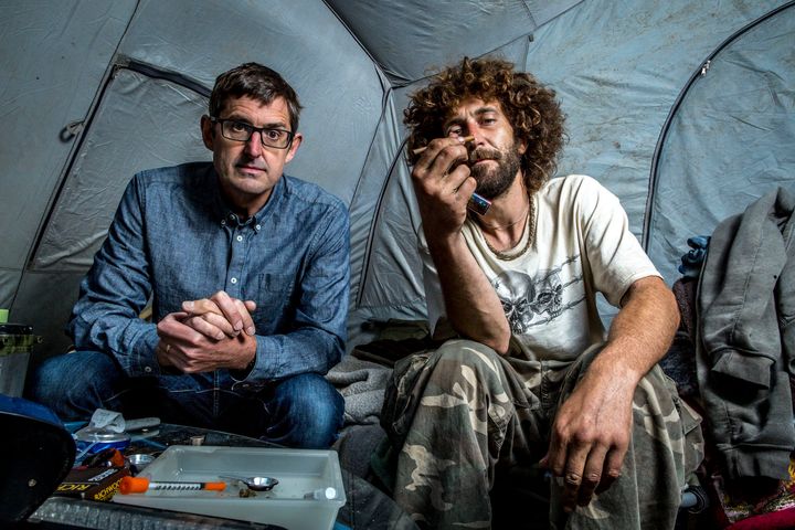 Theroux with heroin user Nate Walsh , who lives in a tent on the banks of of the Ohio river 
