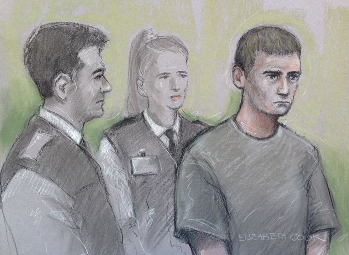Court artist sketch of Aaron Barley (right) who murdered Tracey and Pierce Wilkinson at their home.