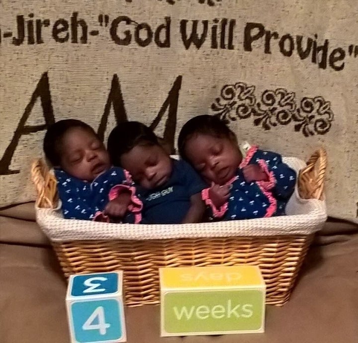 Triplets delivered healthy and on time despite a high-risk pregnancy, in which the mother developed fibroid cysts and ha