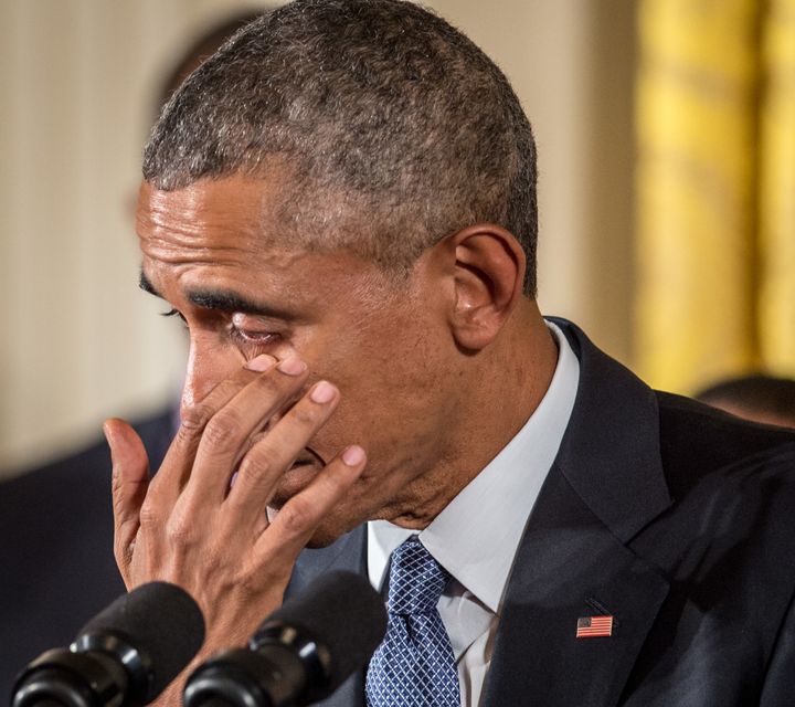 Barack Obama wipes away tears as he talks about needless shootings at Sandy Hook Elementary school during a press briefing in January, 2015