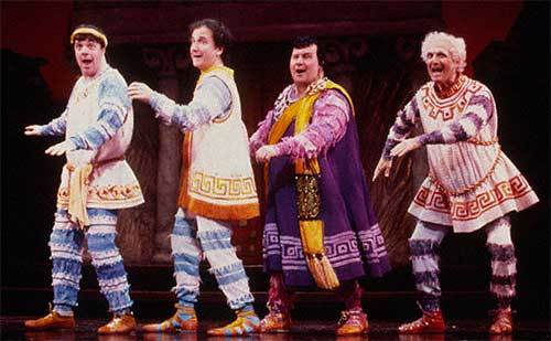 Following their triumph in “Guys & Dolls,” Lane & Sabella performed together again in the 1995 Broadway revival of “A Funny Thing Happened on the Way to the Forum.” They’re pictured here with Mark Linn-Baker (center left) and Lewis J. Stalden (far right).