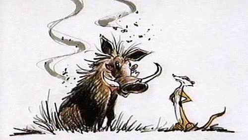 Early concept art for Pumbaa the warthog and Timon the meerkat.