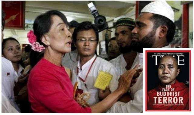 Myanmar State Counselor Aung San Suu Kyi (left) and Buddhist monk Wirathu (inset) are embroiled in the Rohingya Muslim violen