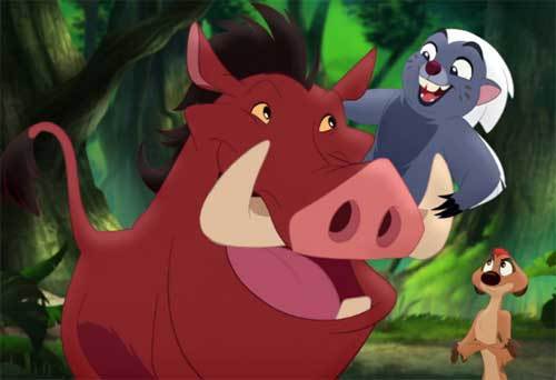 Timon, Pumbaa and their adoptive nephew Bunga, a honey badger, from Disney Junior’s “The Lion Guard” 