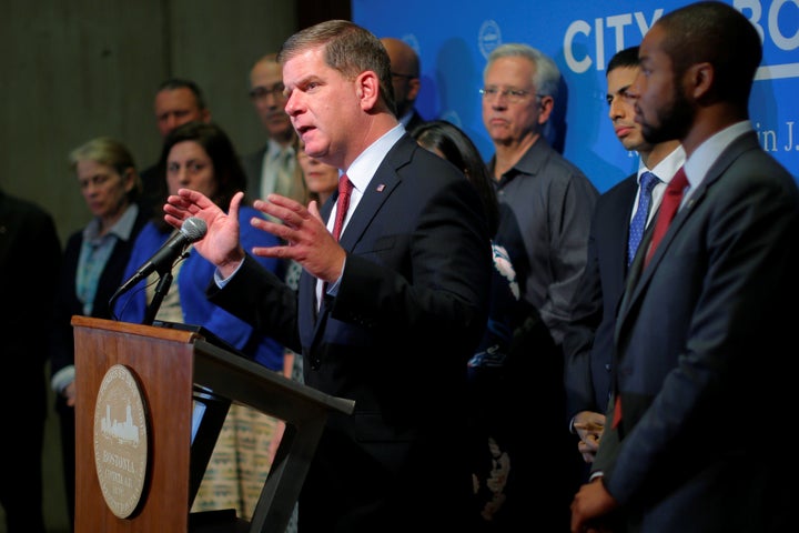 Boston Mayor Marty Walsh urges President Trump not to withdraw from the Paris Climate Accord, at City Hall in Boston, Massach
