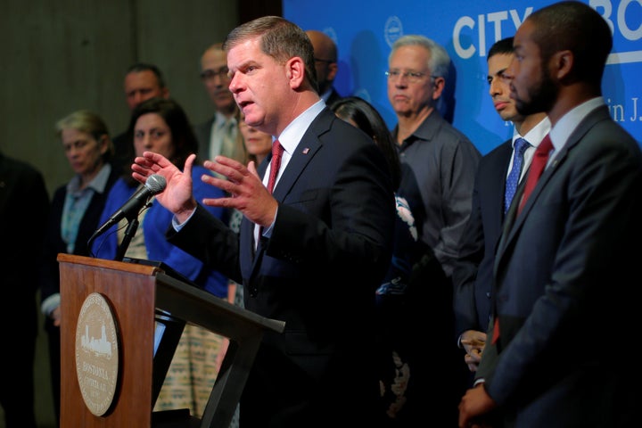 Boston Mayor Marty Walsh urges President Trump not to withdraw from the Paris Climate Accord, at City Hall in Boston, Massachusetts, U.S. May 31, 2017.