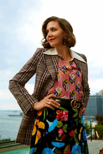 Gucci blazer; Gucci wallpaper print silk shirt, $2,600, available at Gucci; Gucci skirt; Gucci leather belt, $750, available at Gucci.