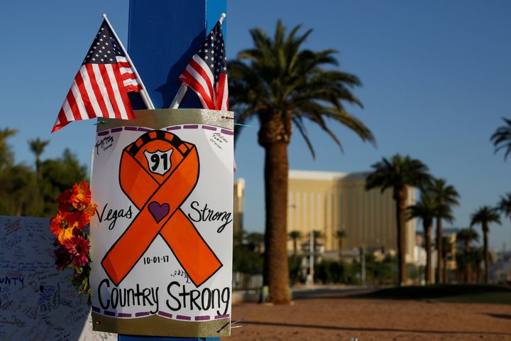 A makeshift memorial sits in the middle of Las Vegas Boulevard after the mass shooting in that city.